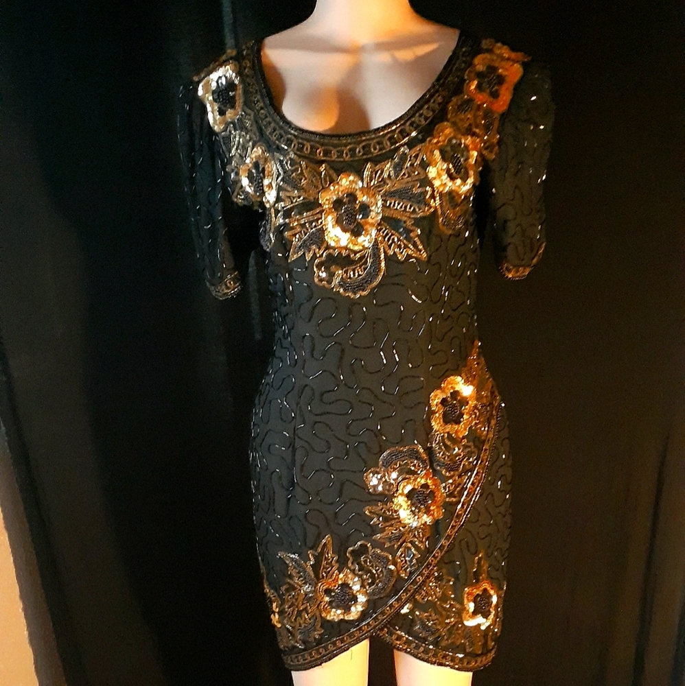 Vintage Silk & Sequins Cocktail Mini Dress S/M